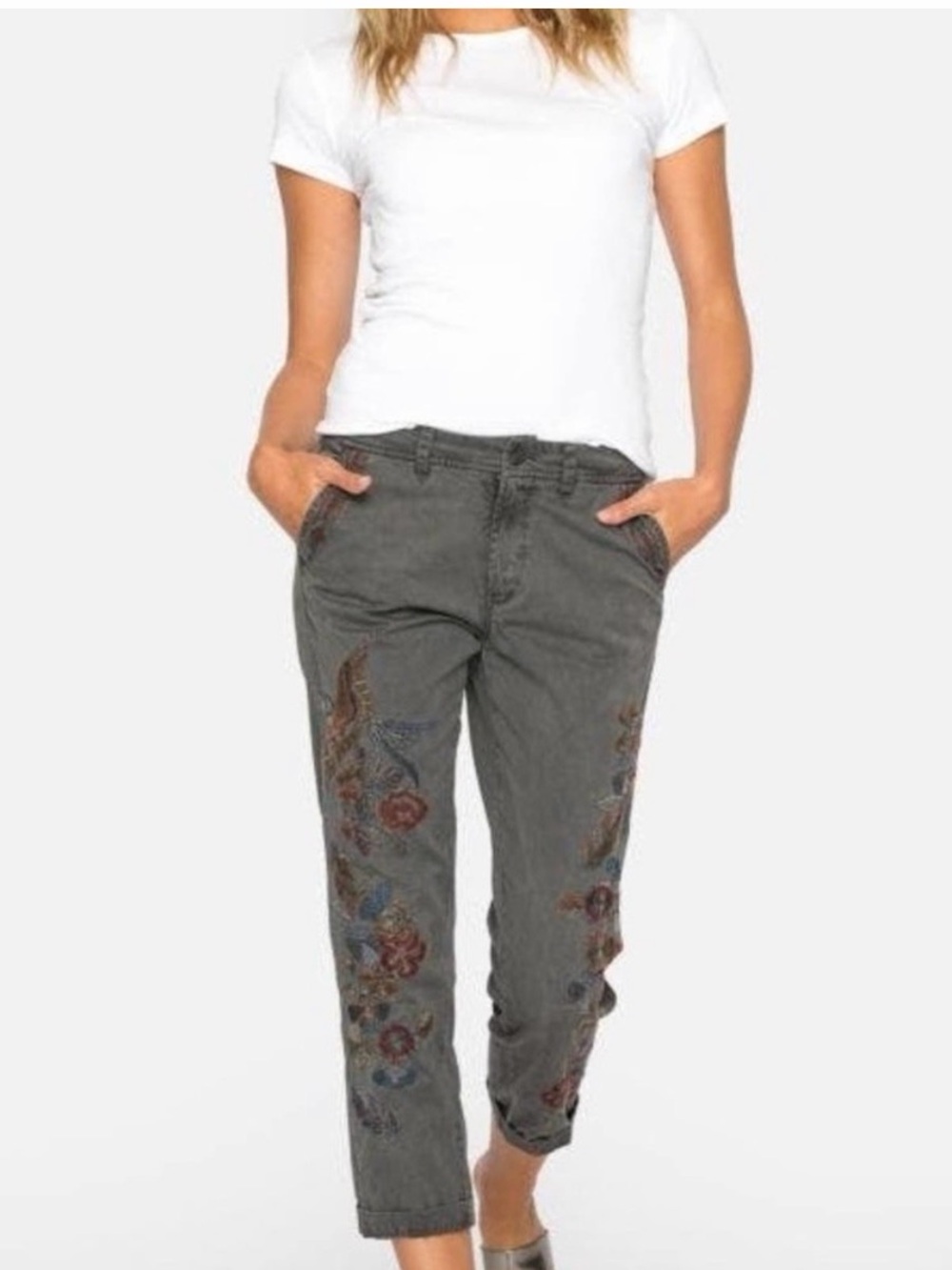 Johnny Was Gray Embroidered Floral Finch Bird Cropped Pocket Boho Hippie Pants